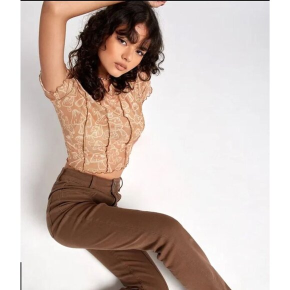 MOTEL Tinara Mushroom Print Neutral Crop Top Size Small NEW NWT - Picture 3 of 3